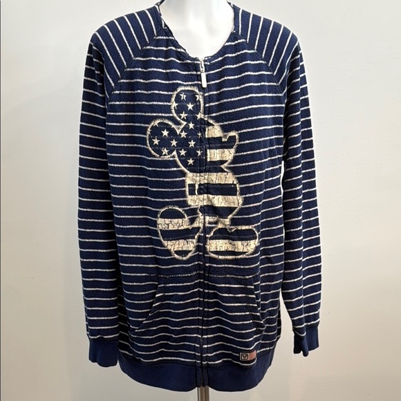 Disney Parks Large Navy Striped Zip-Up Sweater Hoodie Mickey Mouse Design - Picture 1 of 9